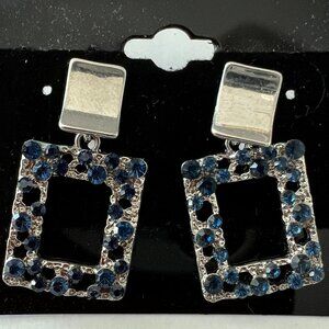 Sapphire Blue Rhinestone Geometric Drop Earrings – Silver-Tone Rectangle Dangle